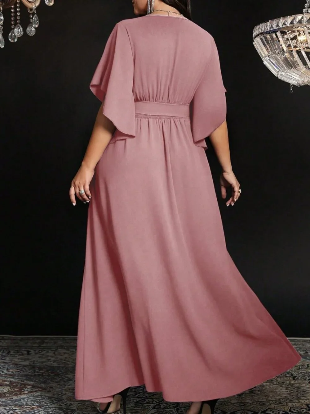 Dusty Pink Elegant Women's Plus Size V Neck Long Party Dress